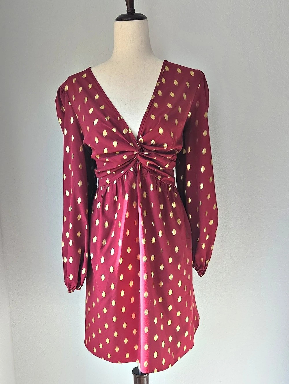 Polka Dot Mini Dress Rust Red & Gold Dots Like New Puff Sleeve